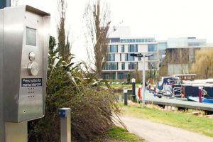 Door entry system fitted by Bee Tee Alarms outside a large commercial premises In Coventry